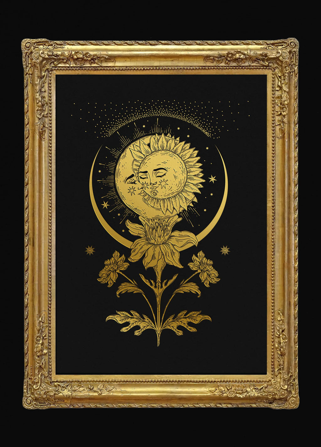 Sun and Moon Daffodil Art Print gold foil on black paper by Cocorrina