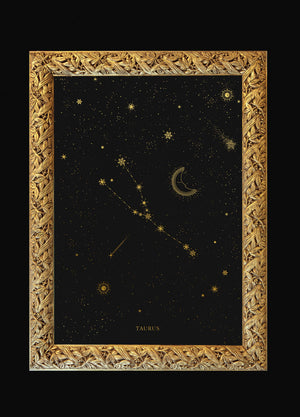 Taurus zodiac constellation gold metallic foil print on black paper by Cocorrina