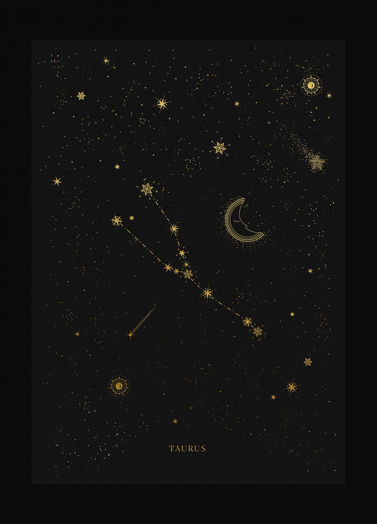 Taurus zodiac constellation gold metallic foil print on black paper by Cocorrina