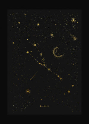 Taurus zodiac constellation gold metallic foil print on black paper by Cocorrina