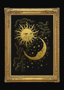 Sun and Moon The World Art Print gold foil on black paper by Cocorrina