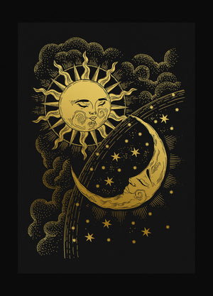 Sun and Moon The World Art Print gold foil on black paper by Cocorrina