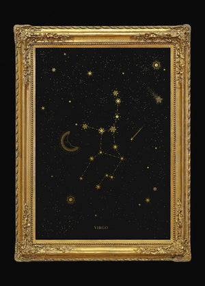Virgo zodiac constellation gold metallic foil print on black paper by Cocorrina