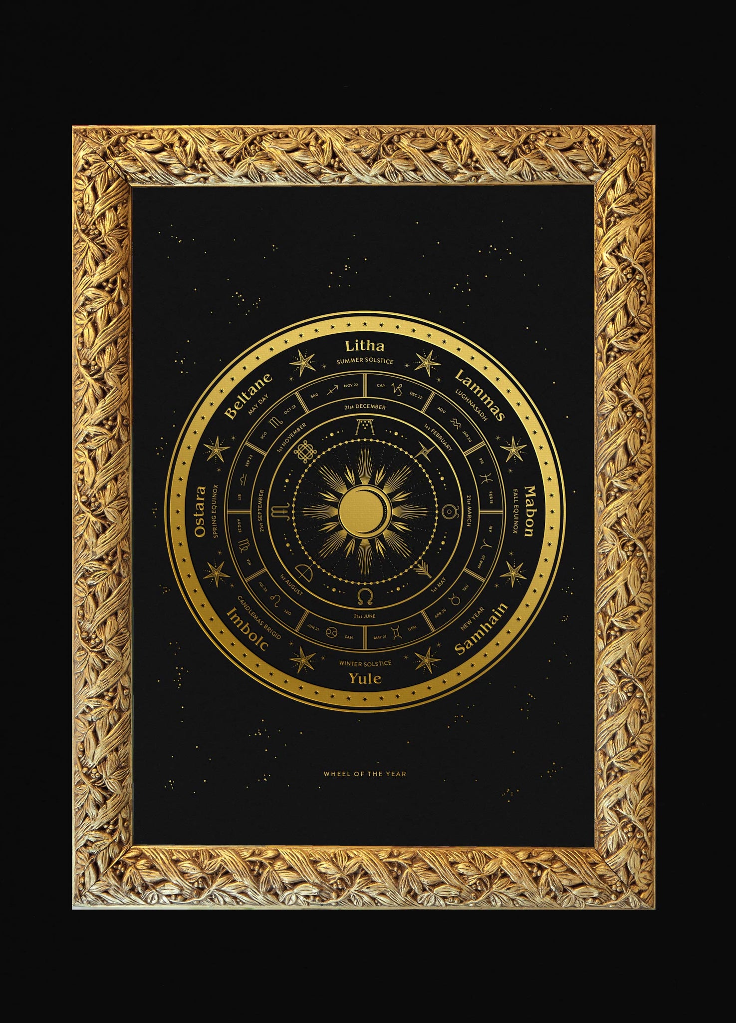 Witch's wheel of the year holiday calendar art print in gold foil and black paper with stars and moon by Cocorrina