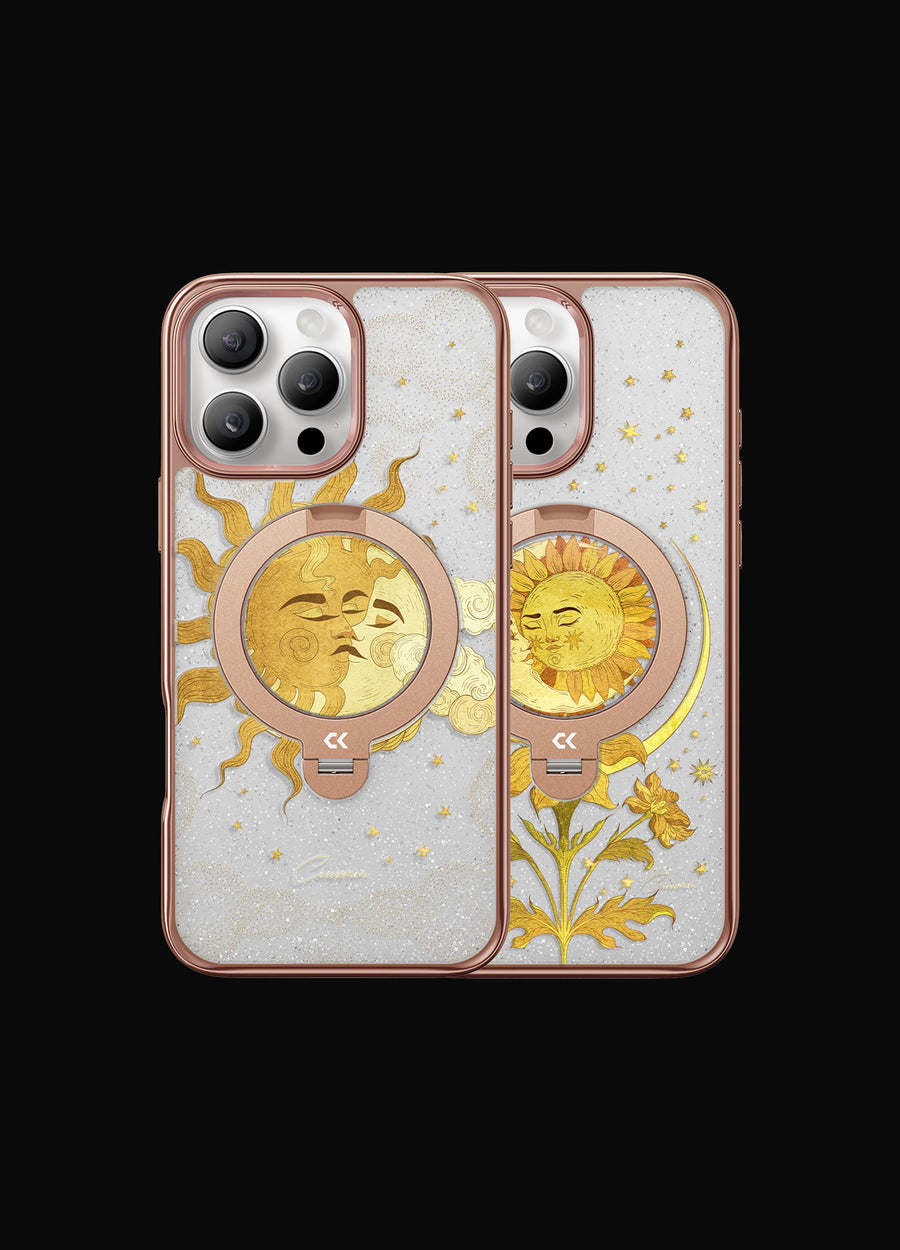 Phone case with sun and moon design on a black background