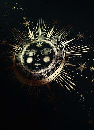 Sun Moon Affair art print in gold foil and black paper with stars and moon by Cocorrina