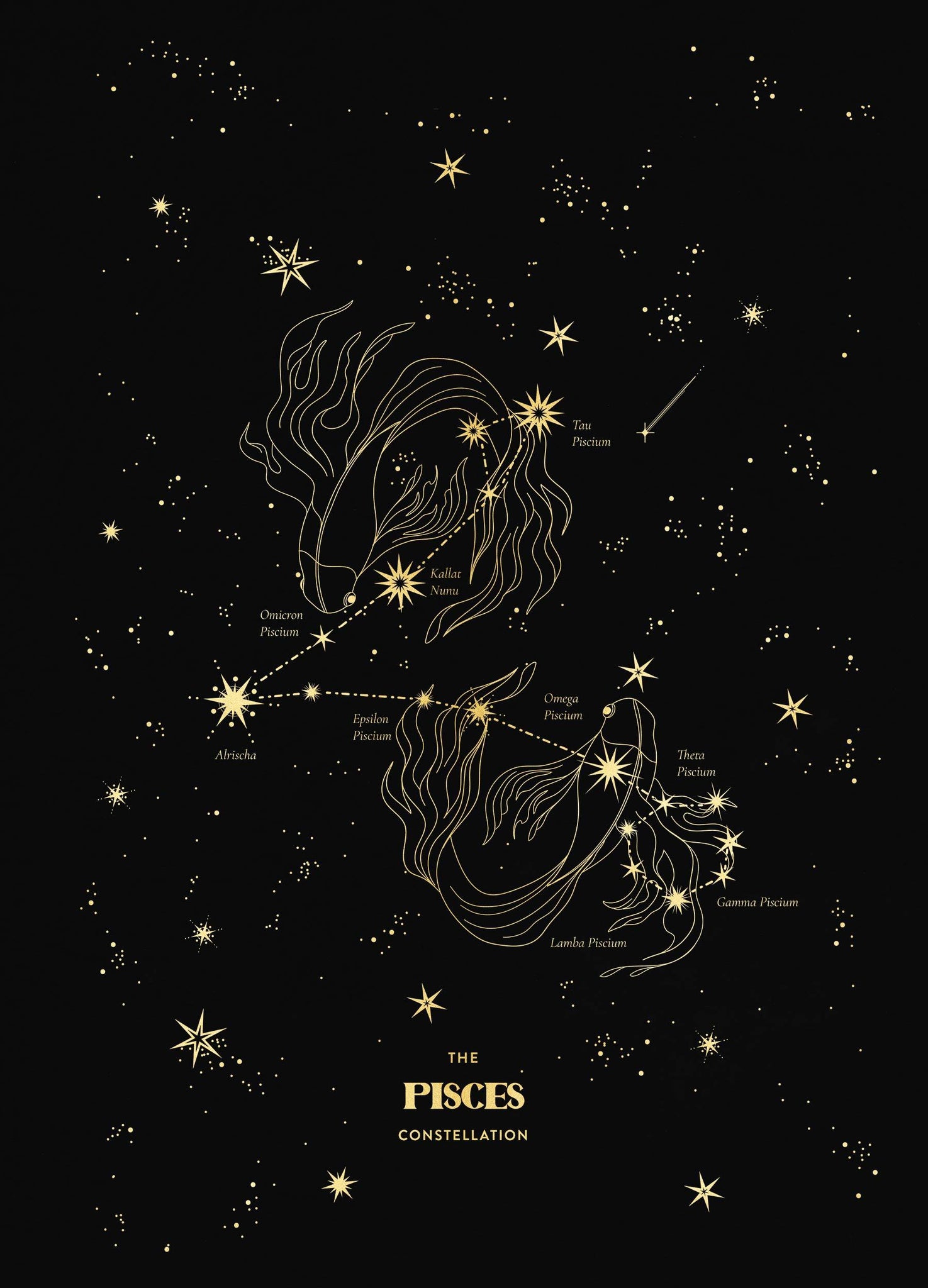 Pisces Constellation gold foil print on black paper by Cocorrina & Co Shop and Design Studio