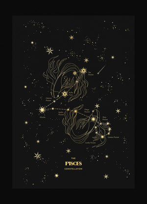 Pisces Constellation gold foil print on black paper by Cocorrina & Co Shop and Design Studio
