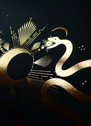 Love by the Moon snakes in gold foil and black paper with stars and moon by Cocorrina