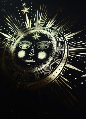 Sun Moon Affair art print in gold foil and black paper with stars and moon by Cocorrina