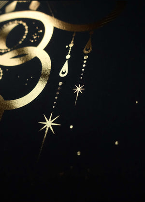 Love by the Moon snakes in gold foil and black paper with stars and moon by Cocorrina