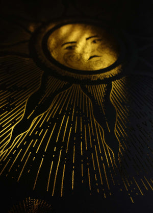 Golden Alchemical Sun, inspired by Alchemical manuscripts in gold foil and black paper by Cocorrina & Co