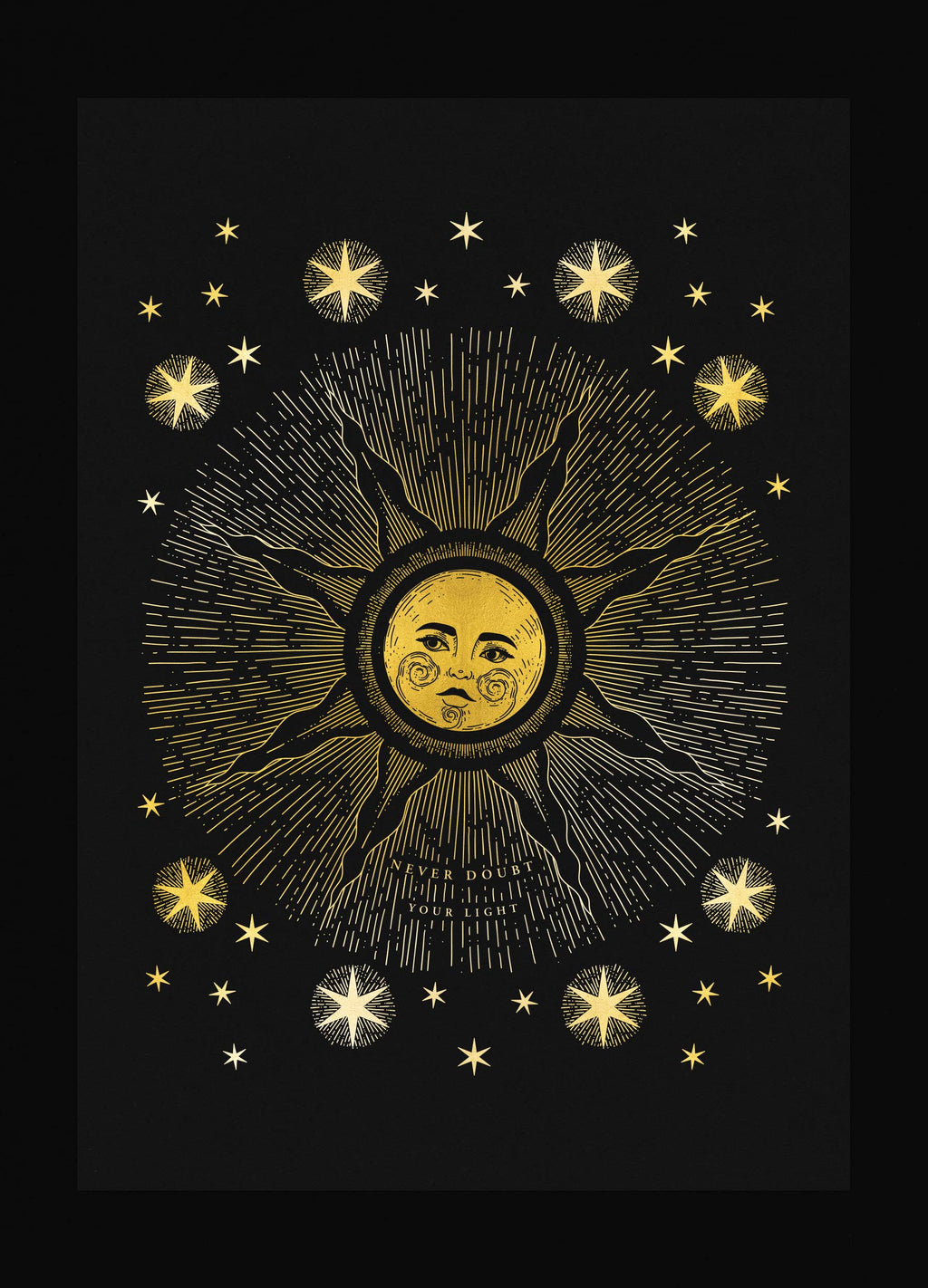 Golden Alchemical Sun, inspired by Alchemical manuscripts in gold foil and black paper by Cocorrina & Co