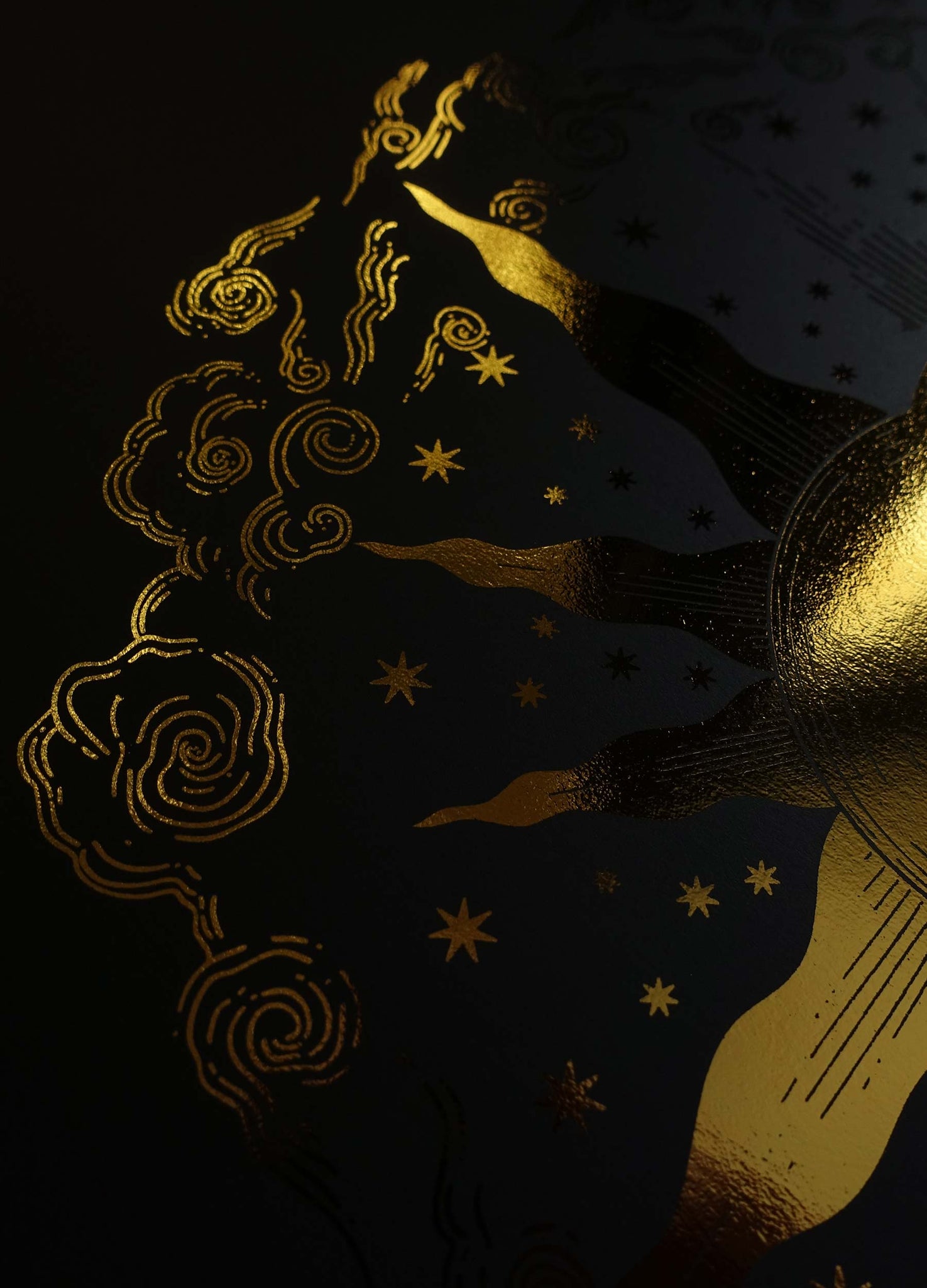 The Alchemical Wedding, a union of the sun and moon, gold foil print on black paper by Cocorrina & Co
