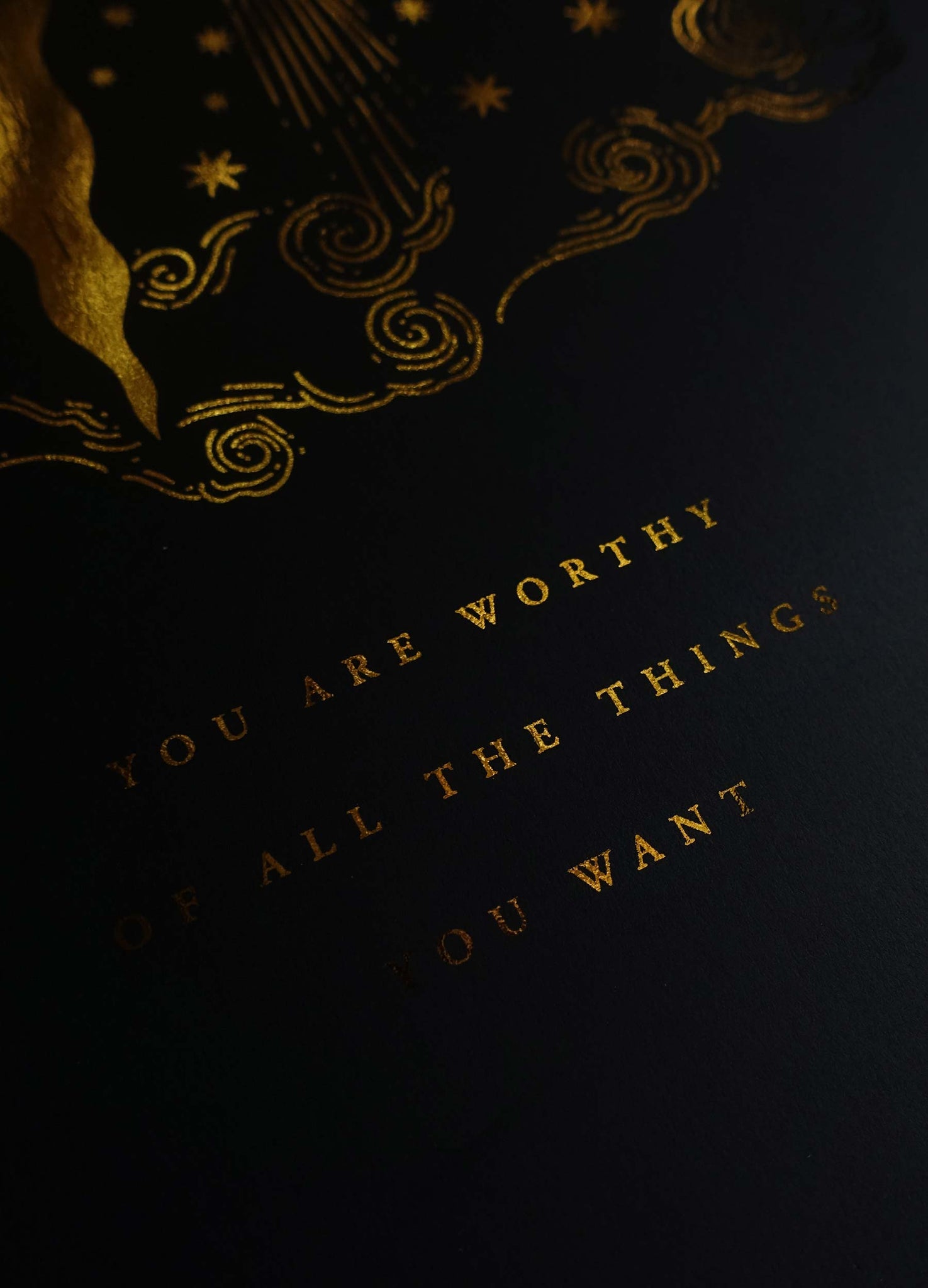 The Alchemical Wedding, a union of the sun and moon, gold foil print on black paper by Cocorrina & Co