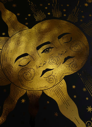 The Alchemical Wedding, a union of the sun and moon, gold foil print on black paper by Cocorrina & Co