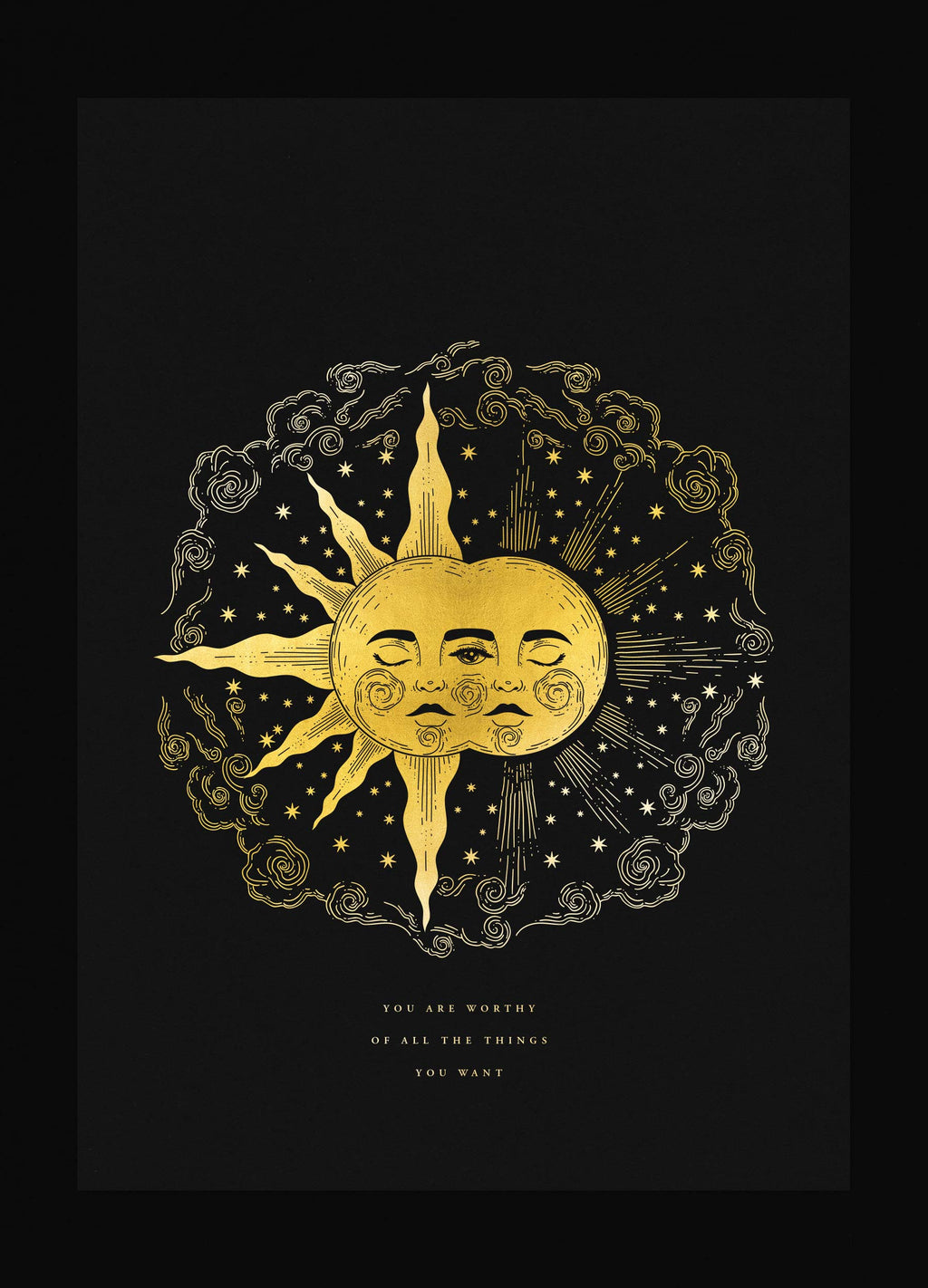 The Alchemical Wedding, a union of the sun and moon, gold foil print on black paper by Cocorrina & Co