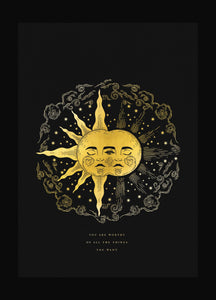 The Alchemical Wedding, a union of the sun and moon, gold foil print on black paper by Cocorrina & Co