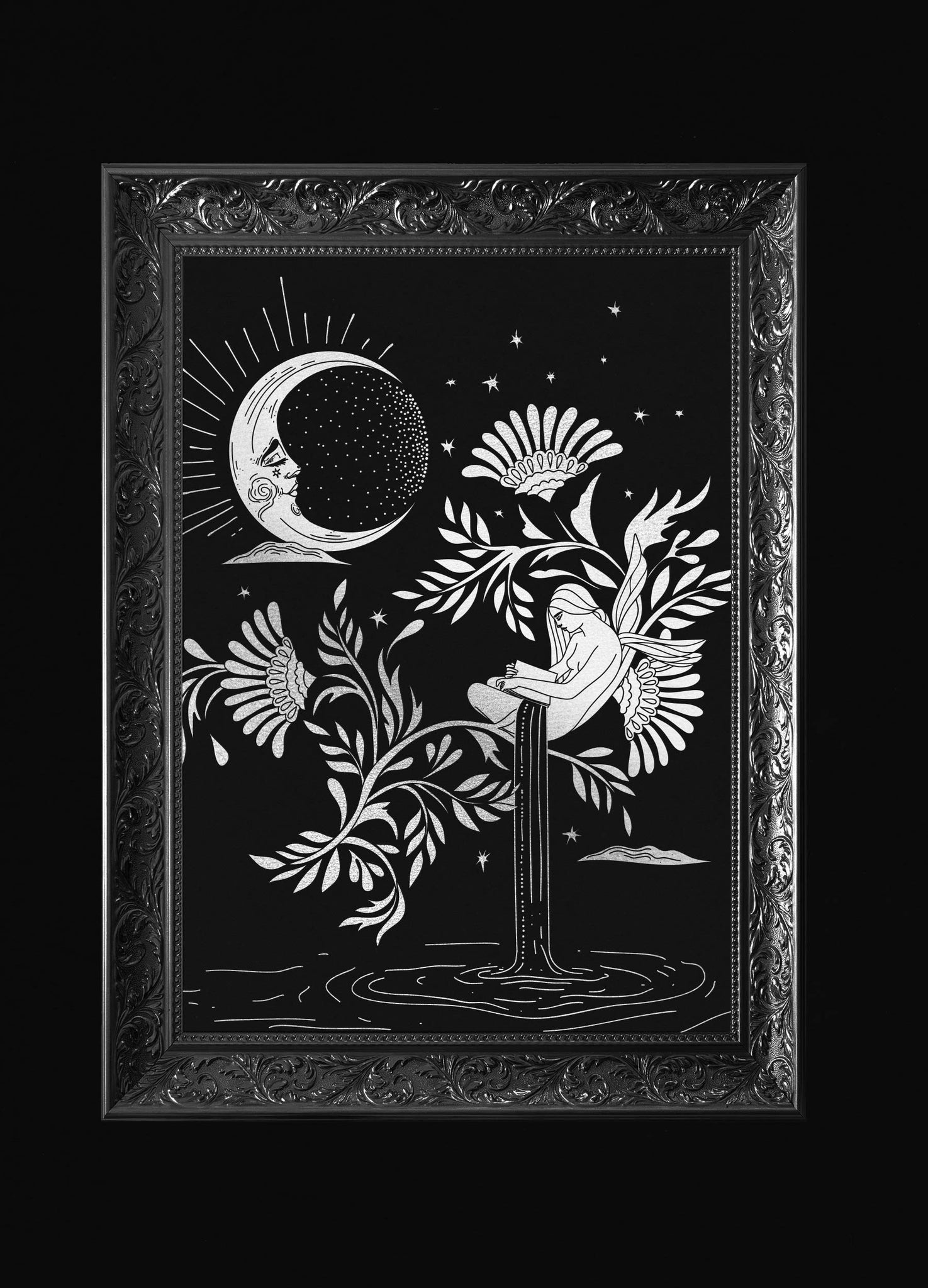 Alone not Lonely reading book Fairy art print gold foil on black paper by Cocorrina & Co