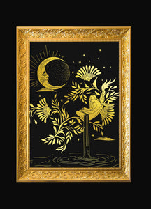 Alone not Lonely reading book Fairy art print gold foil on black paper by Cocorrina & Co