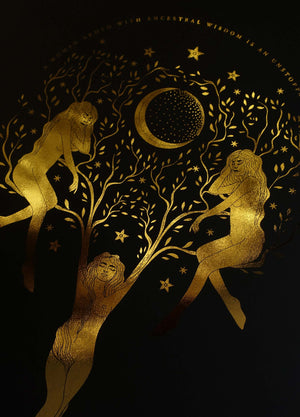 Ancestral Wisdom Women tree gold foil art print on black paper by Cocorrina & Co