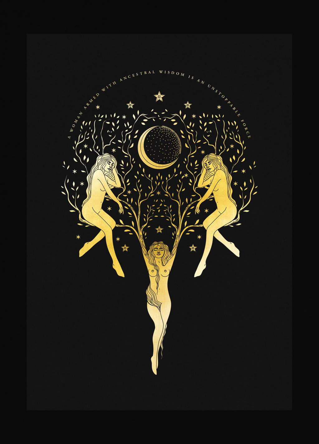 Ancestral Wisdom Women tree gold foil art print on black paper by Cocorrina & Co