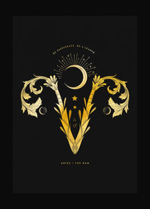 Aries the Ram Zodiac Sign symbol art print in gold foil on black paper by Cocorrina & Co