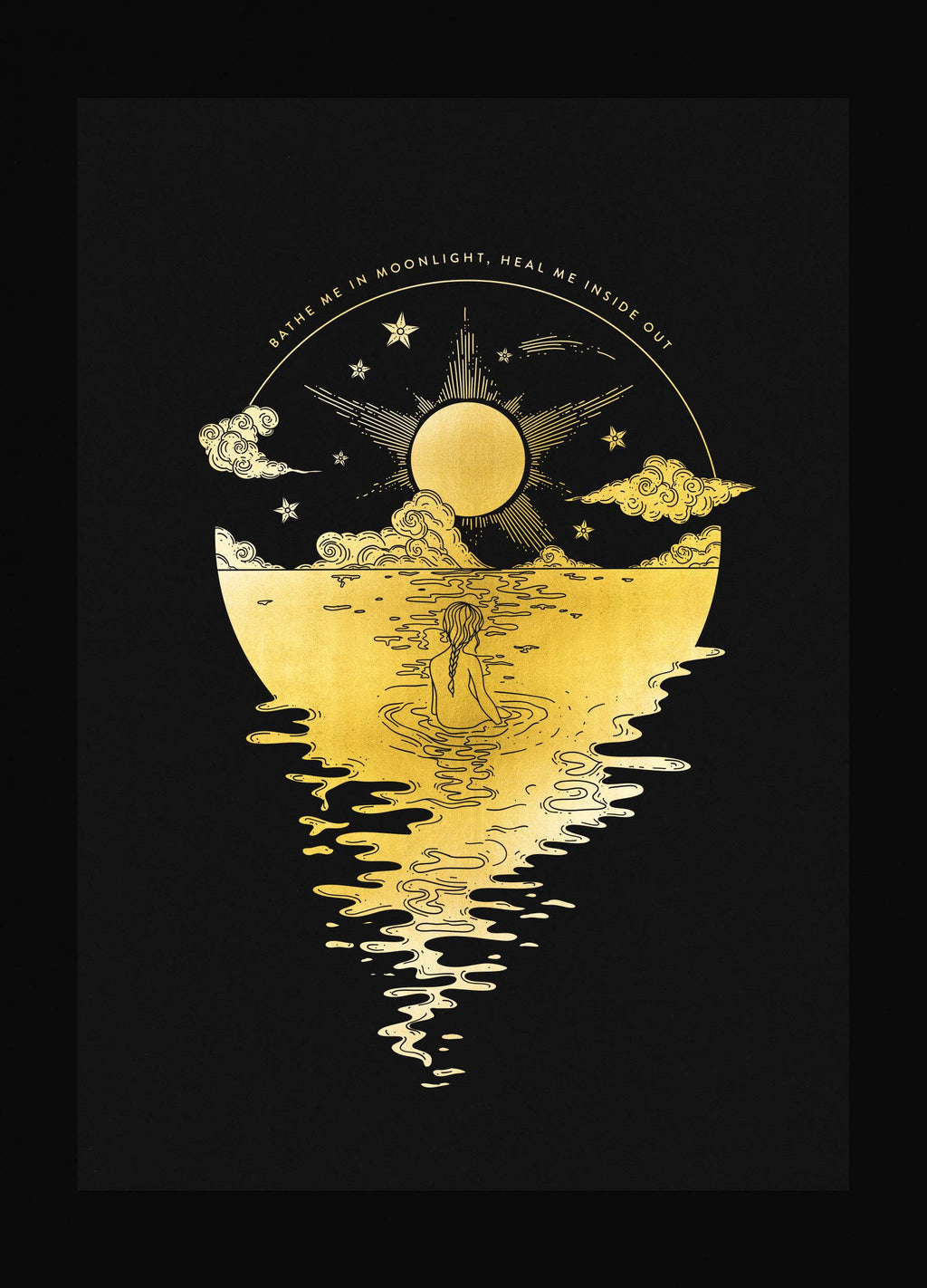Swimming under the August Full Moon gold foil art print on black paper by Cocorrina & Co