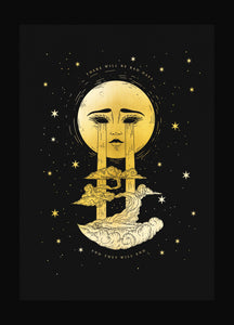 Moon crying, Bad Days will end gold foil art print on black paper by Cocorrina & Co
