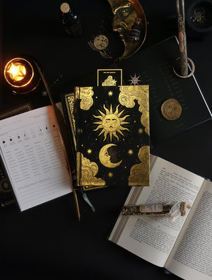 Sun & Moon gold and black journal with gold foil and blank pages by Cocorrina & Co shop 