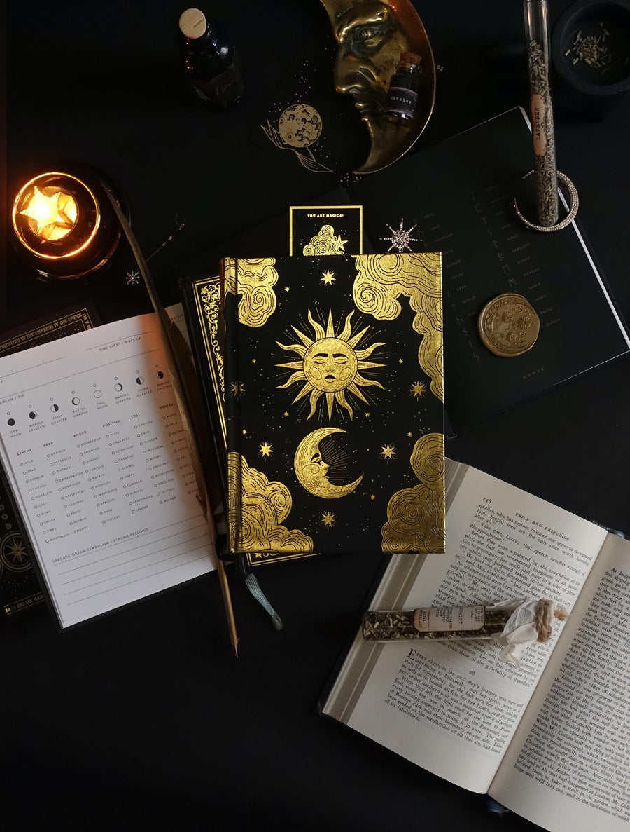 Sun & Moon gold and black journal with gold foil and blank pages by Cocorrina & Co shop 