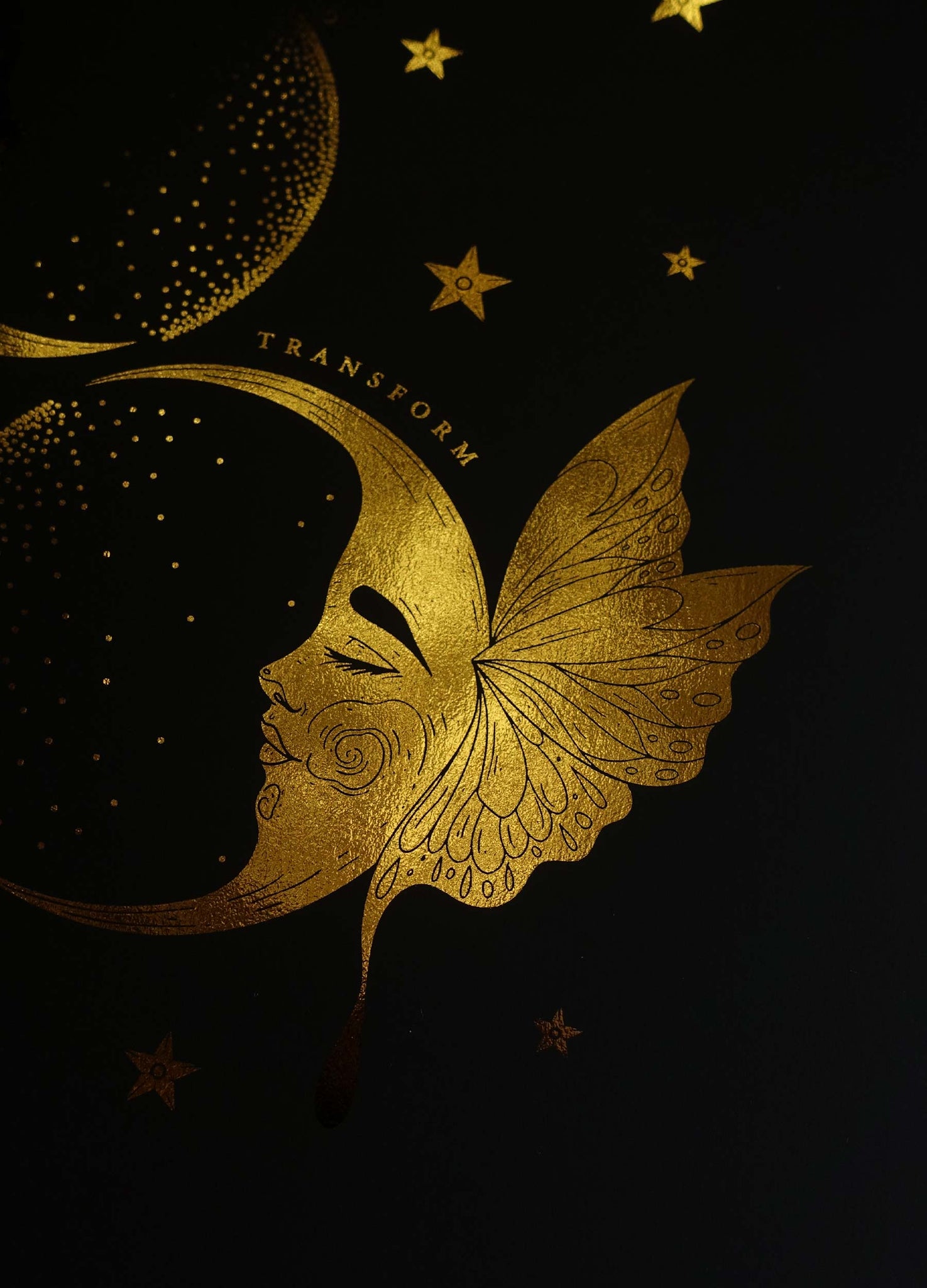 Bloom and transform Crescent Moons with flowers and butterflies gold foil on black paper art print by Cocorrina & Co