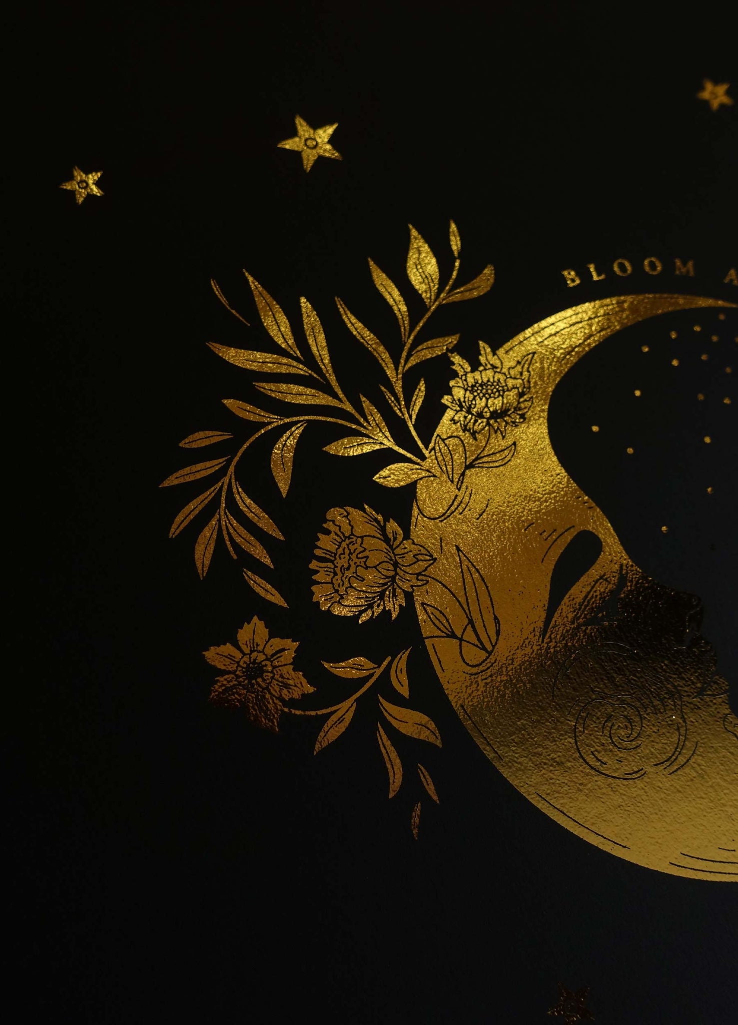 Bloom and transform Crescent Moons with flowers and butterflies gold foil on black paper art print by Cocorrina & Co
