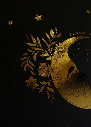 Bloom and transform Crescent Moons with flowers and butterflies gold foil on black paper art print by Cocorrina & Co