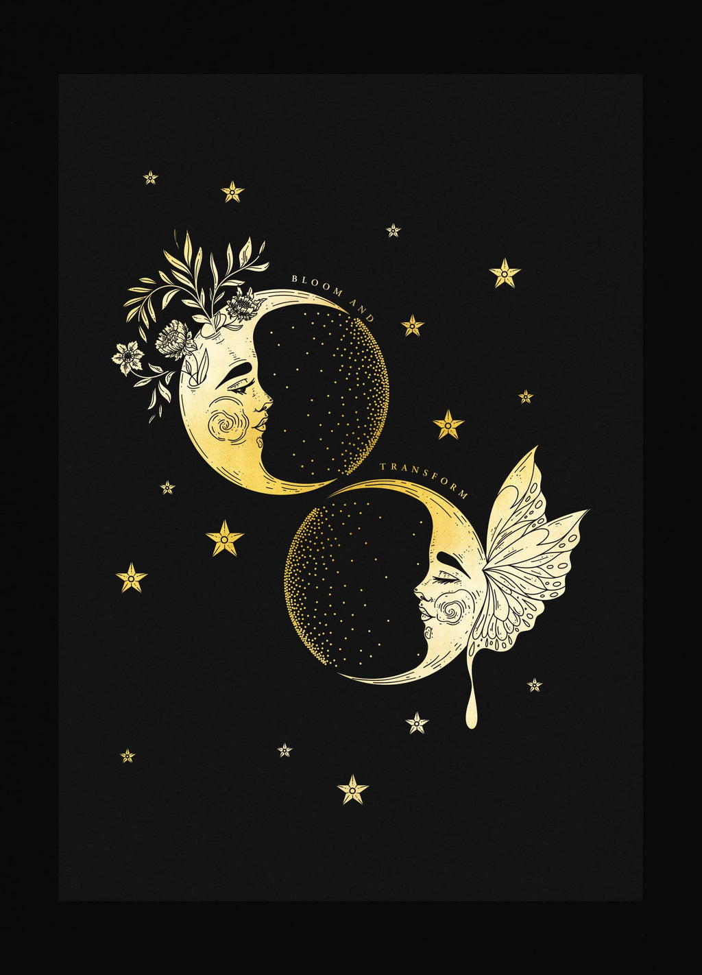 Bloom and transform Crescent Moons with flowers and butterflies gold foil on black paper art print by Cocorrina & Co