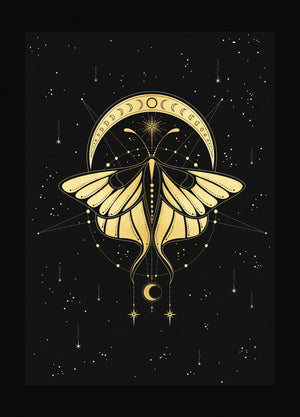 Cosmic Butterfly, gold foil and black paper with stars and moon by Cocorrina