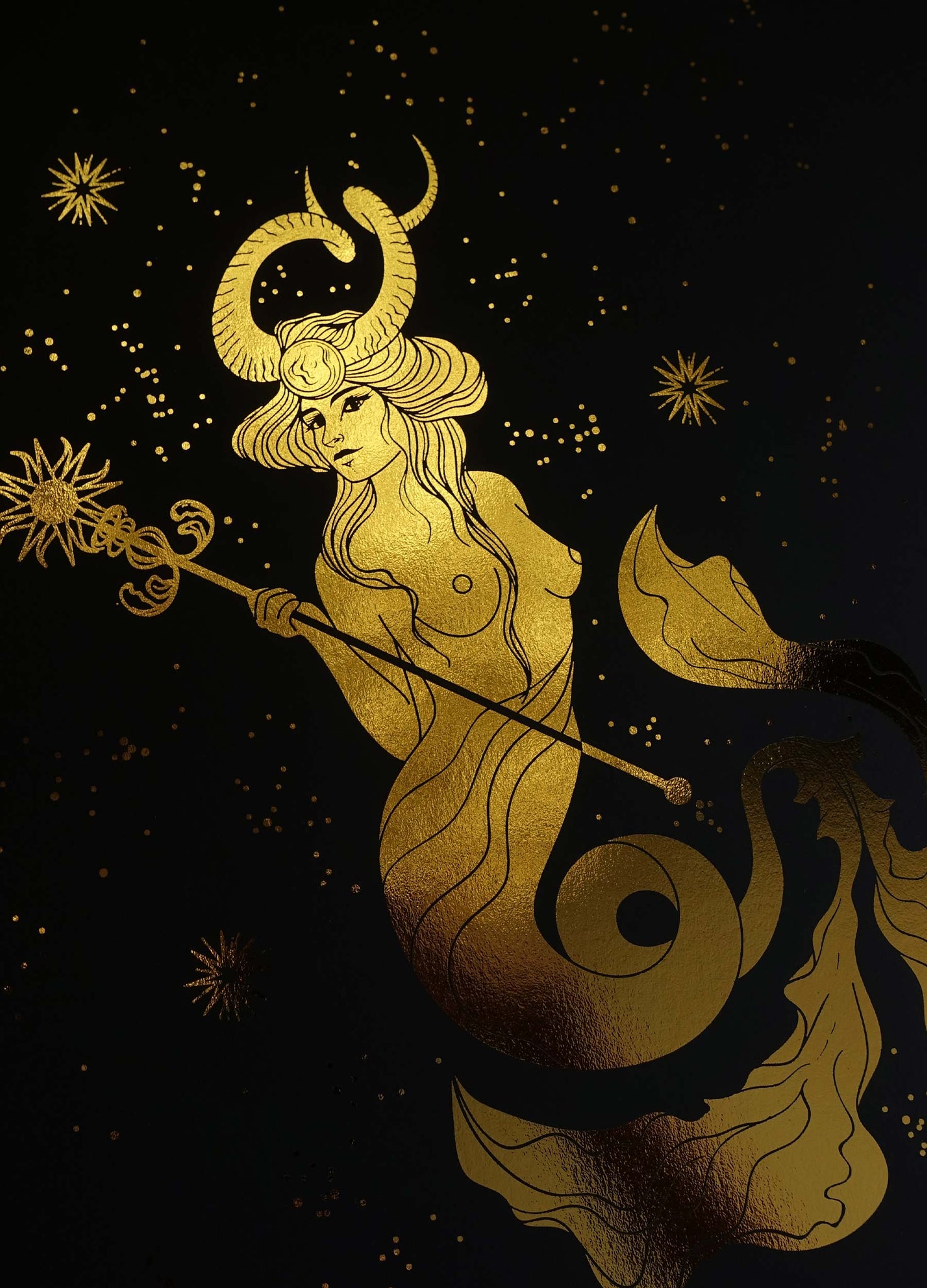 Capricorn Goddess zodiac in gold foil on black paper art print by Cocorrina & Co