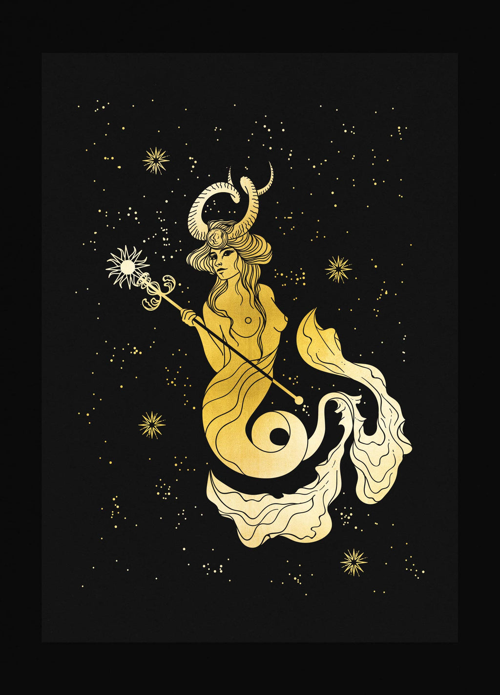 Capricorn Goddess zodiac in gold foil on black paper art print by Cocorrina & Co