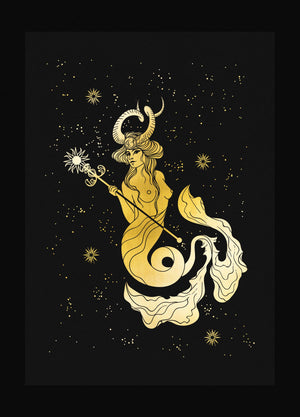 Capricorn Goddess zodiac in gold foil on black paper art print by Cocorrina & Co