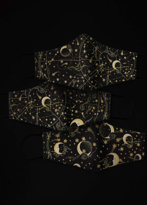 Face Mask Set of 3 Zodiac Sky with moon stars and constellations in gold and black by Cocorrina & Co