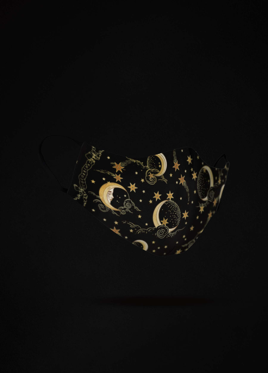 Face Mask Set of 3 Zodiac Sky with moon stars and constellations in gold and black by Cocorrina & Co