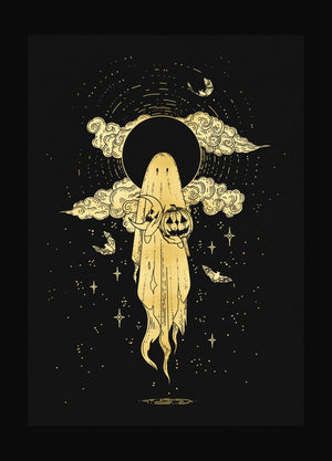 Samhain halloween ghost gold foil on black paper by Cocorrina  & Co Shop
