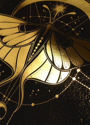 Cosmic Butterfly, gold foil and black paper with stars and moon by Cocorrina