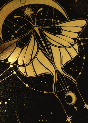 Cosmic Butterfly, gold foil and black paper with stars and moon by Cocorrina