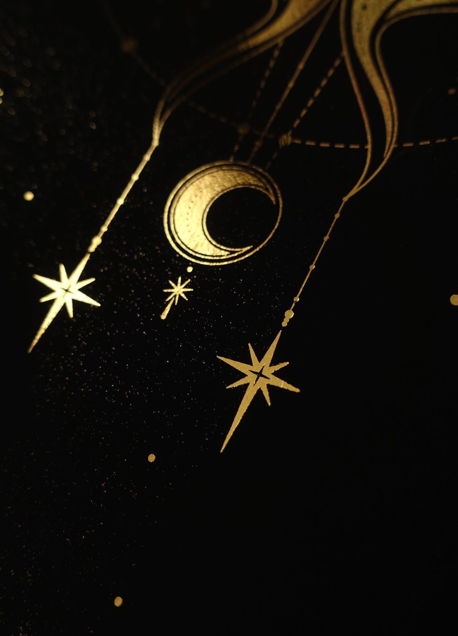 Cosmic Butterfly, gold foil and black paper with stars and moon by Cocorrina