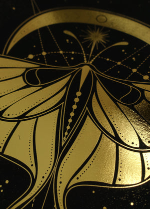 Cosmic Butterfly, gold foil and black paper with stars and moon by Cocorrina