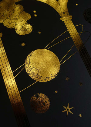 Cosmic Doorway with planets gold foil art print on black paper by Cocorrina & Co