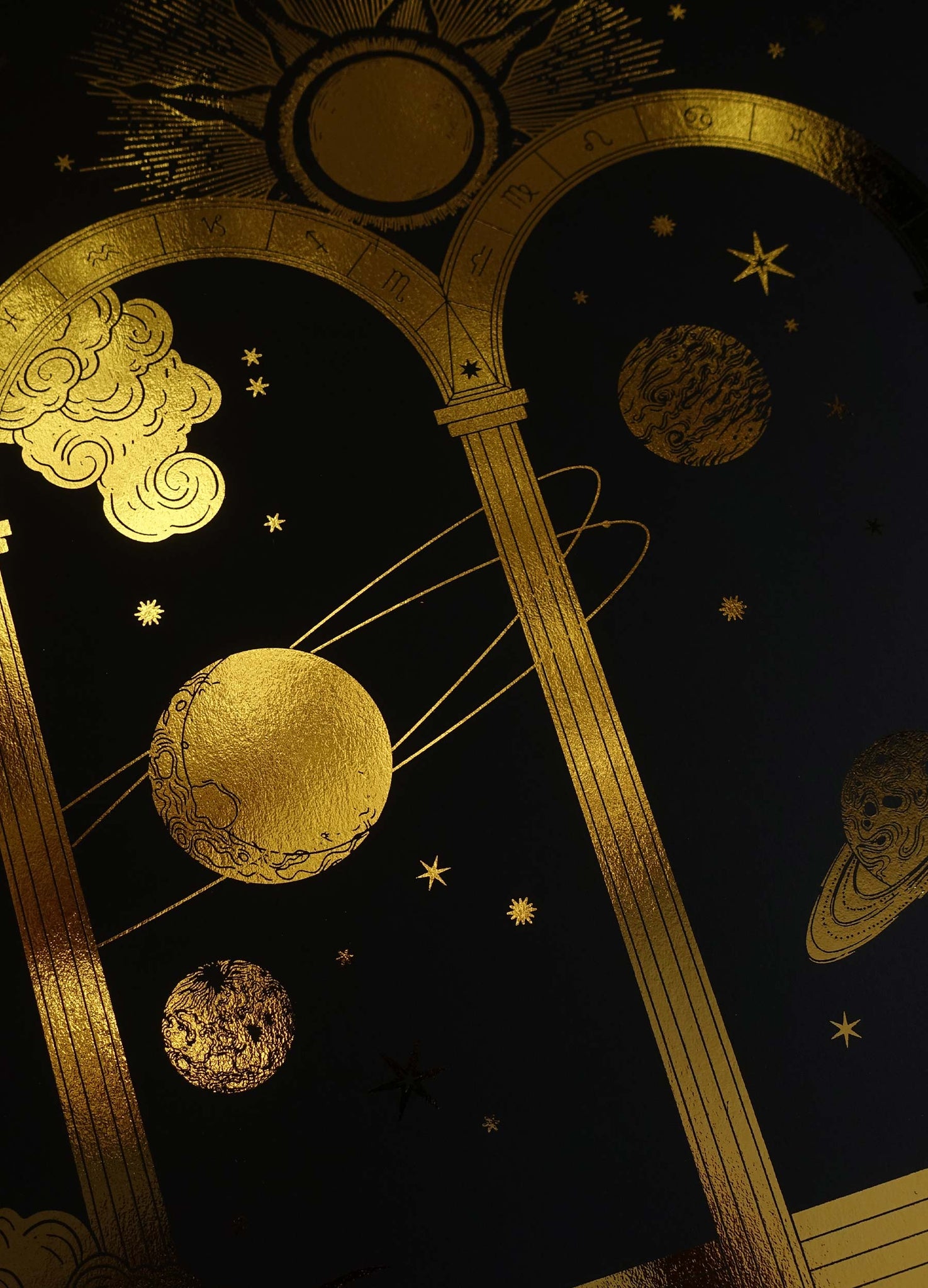 Cosmic Doorway with planets gold foil art print on black paper by Cocorrina & Co