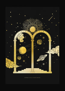 Cosmic Doorway with planets gold foil art print on black paper by Cocorrina & Co