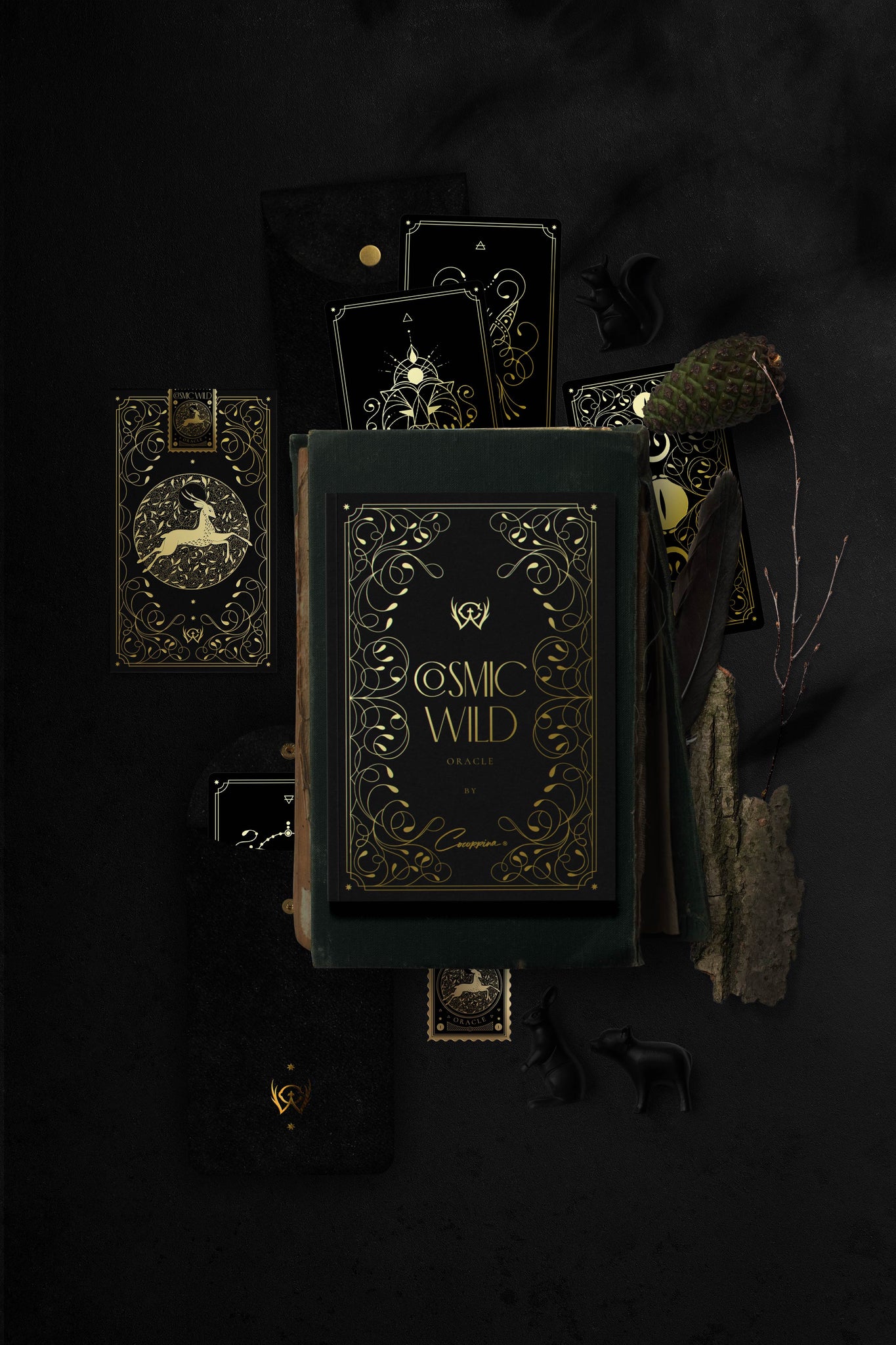 Cosmic Wild Oracle deck, animal tarot by Cocorrina & Co in black and gold